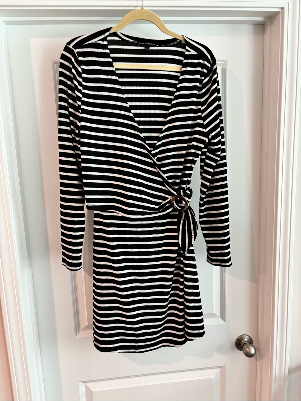 Signature Studio Black and White Striped Wrap-Front Long Sleeve Dress